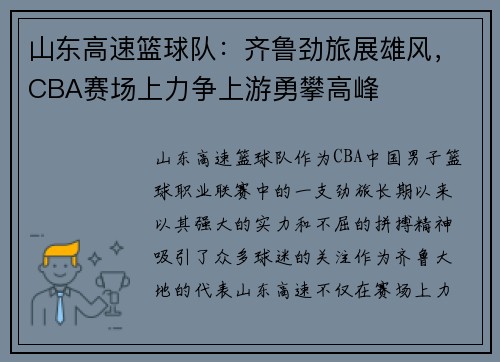 山东高速篮球队：齐鲁劲旅展雄风，CBA赛场上力争上游勇攀高峰